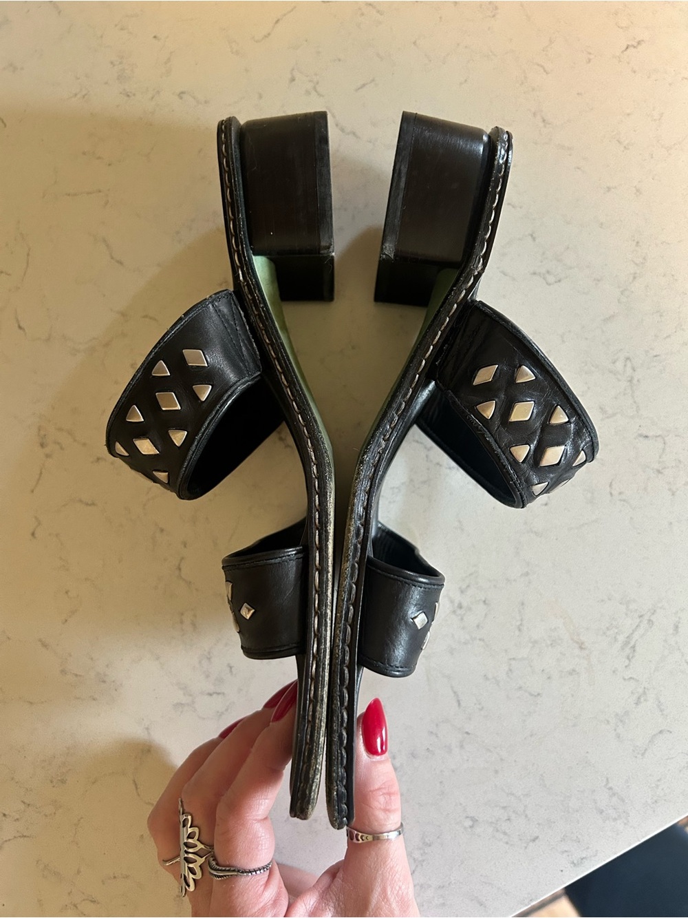 Donald J. Pliner Black Italian Leather Studded Double Strap Low Heel Sandals - Picture 8 of 16